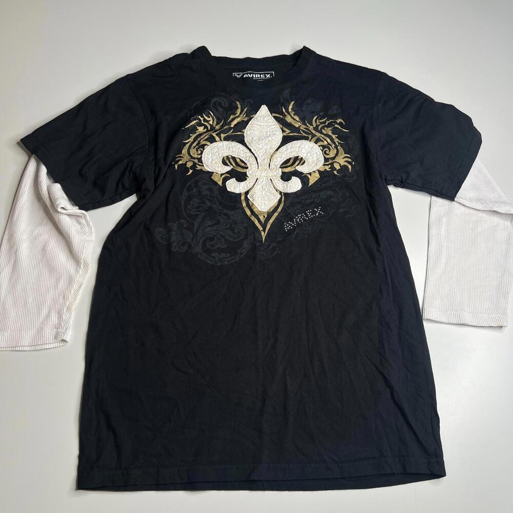 Women’s Avirex XL Black Fleur-de-Lis‎ Layered Long Sleeve Graphic T-Shirt Top
